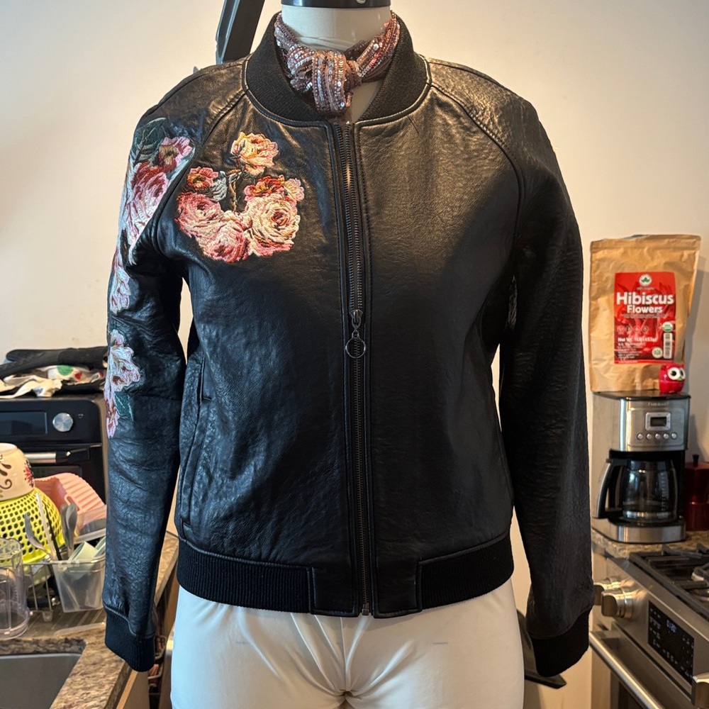 Joe's Jeans Black Bomber Jacket with Floral Embroidery